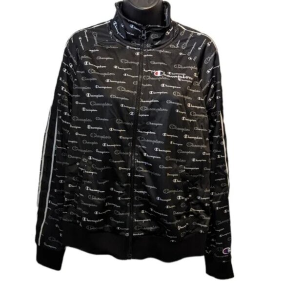Champion Black Printed Logo Long Sleeve Cuffed Wrist Zippered Track Jacket 2XL - Picture 1 of 15
